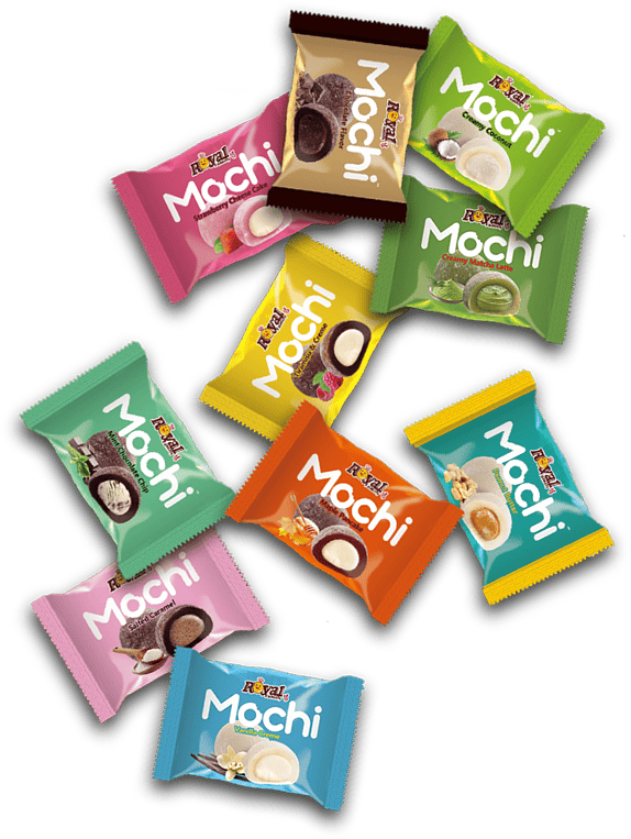 Photo of individual Royal Family mochi wrappers, each sealed in its own small packet with the brand logo and flavor label visible.